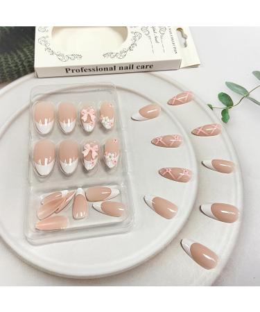 3D Pink Bow Press on Nails | Medium Almond Shape | 24 Pcs White French Tip False Nails with Flowers & Pearls | Full Cover Stick-On Acrylic Nails for Women - Buy Online on GoSupps.com
