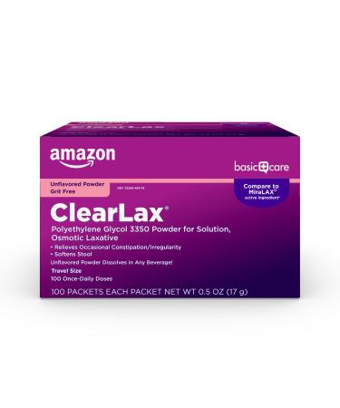 Amazon Basic Care ClearLax Polyethylene Glycol 3350 Powder for Solution, Osmotic Laxative, Softens Stool, Relieves Occasional Constipation, Unflavored, 0.5 Oz (Pack of 100)