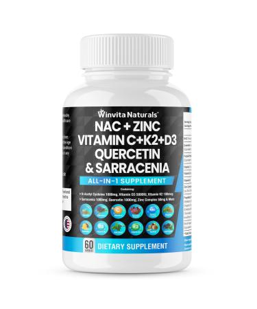 NAC Supplement N-Acetyl Cysteine 1000mg Vitamin C Vitamin D3 K2 Zinc Sarracenia Purpurea 1000mg Quercetin 1000mg with L-Lysine Elderberry Holy Basil Bee Propolis Bromelain Vegan Capsules USA