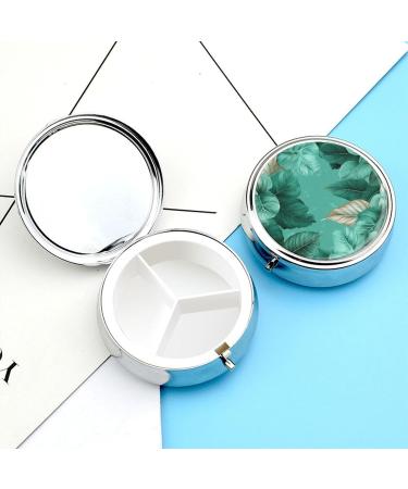 Round Pill Box with Turquoise Green Leaves | 3 Compartment Decorative Metal Pill Organizer | Portable Pocket Case - Style-2 - Buy Online on GoSupps.com