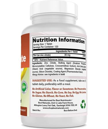 Best Naturals Zinc 30mg Citrate Supplement - Immune Support for Adults - 120 Unflavored Tablets - Buy Online on GoSupps.com