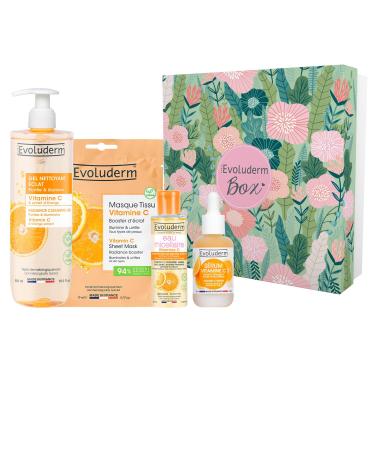 EVOLUDERM – 100% Vitamin C Face Set - 1 Micellar Cleansing Water + 1 Radiance Cleansing Gel + 1 Tissue Mask + 1 Serum + Free Headband - Jungle Box - Vegan - Made in France