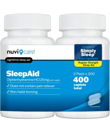 NUVICARE Nighttime Sleep Aid with Diphenhydramine HCl 25 mg Non Habit Forming Regular Strength Sleeping Pills for Adults 200 Caplets - Pack Of 2