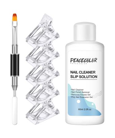 PEACECOLOR 60ML Slip Solution Cleanser Plus with Transparent False Nail Fixed Clip Dual End Nail Brush Kit for Poly Nail Gel Builder Nail Gel Home DIY Nail Art Use color 197