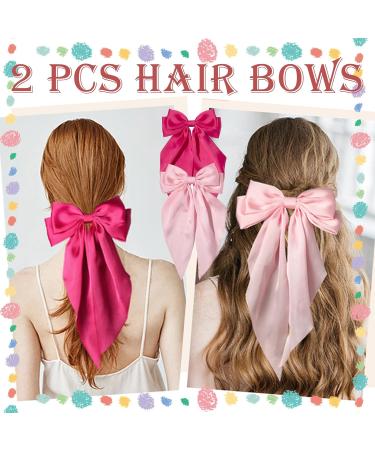 2Pcs Big Hair bow Hair Bows for Women Bow Hair Clip Elegant Solid Color French Barrette Bows For Hair With Long Silky Satin Hair Barrettes Accessories Bow Hair Clips for Women Girls(Pink+ Hot-pink) - Buy Online on GoSupps.com