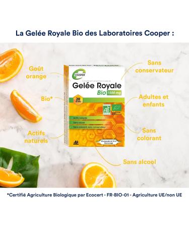 COOPER - Organic Royal Jelly 1500MG - Natural Active Ingredients Alcohol-free Color-Free Preservative Free - Made in France - x20 Ampoules of 10ML - Buy Online on GoSupps.com