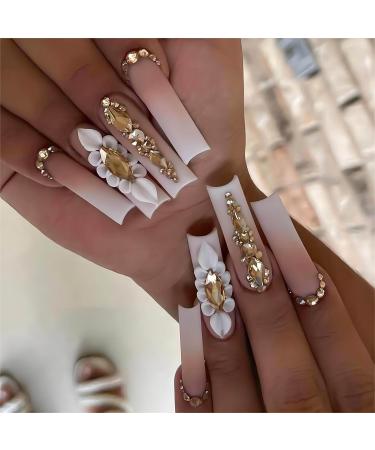 Coffin Press on Nails Long Fake Nails Pink White Ombre False Nails with Gold Rhinestones Designs Matte Acrylic Artificial Nails Summer Luxury Glue on Nails Natural Stick on Nails for Women Long Style-BK01-38