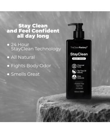 StayClean Men's Body Wash - 24Hr Moisturizing Activated Charcoal Tea Tree & Aloe - Natural Paraben & Dye Free Shower Gel with Pump - Buy Online on GoSupps.com