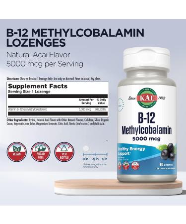 KAL Vitamin B-12 Methylcobalamin Lozenges 5000mcg - Healthy Energy & Metabolism Support - Vegan & Sugar-Free - 60 Servings - Buy Online on GoSupps.com