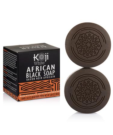 Koji White African Black Soap Bar for Face & Body Wash with Shea Butter - Exfoliating Soap Brightening Moisturizer Skin with Kojic Acid Aloe Vera Coconut Oil - Vegan Paraben-Free 2.82oz (2 Bars)