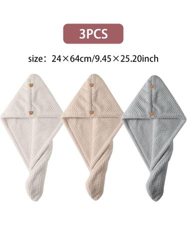 Soft Absorbent Hair Towel Wrap 3Pcs | Quick Dry Hair Turban with Cute Bear Button - 9.5x25 Inch - Buy Online on GoSupps.com