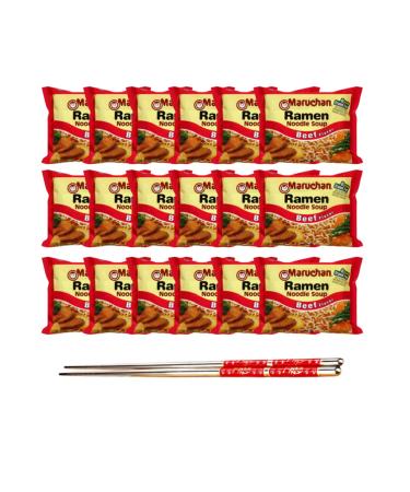 Ja Cor Instant Ramen Noodle Soup 0g Trans Fat Beef Flavor Noodles 3 oz. Bulk Pack Bundle with 1-Set of Reusable Stainless Steel Chopsticks(18 Individual Packs)