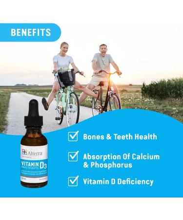 Alterra Vitamin D3 1000 IU 30 ml | Vitamin D Drops Helps Absorb Calcium and Phosphorus |Calcium Intake Prevents Vitamin D Deficiency and Supports Bones & Teeths Health | Non GMO Dairy Gluten Soy Wheat Yeast Sugar and Corn Free - Buy Online on GoSupps.com