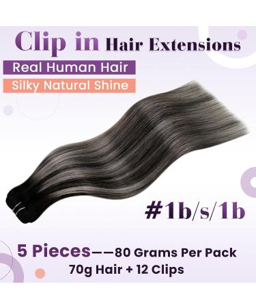 Premium Laavoo Clip-In Real Hair Extensions - Black Ombre Silver 70g 5 Piece Double Tressen - 40cm Remy Hair Clips - Buy Online on GoSupps.com
