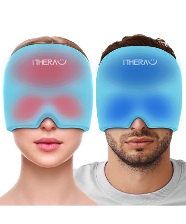 itherau migraine mask headache mask 360 cover adjustable migraine cap migraine relief cap cold warm compress cool pads gel for headache swollen eyes sinuses blue+blue