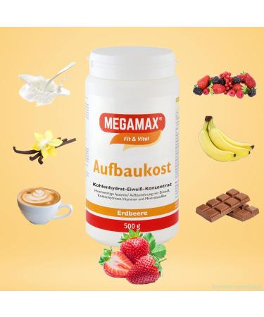 Shop Megamax Build-Up Food Strawberry 500g - High-Caloric Protein Shake for Weight Gain & Muscle Mass | Low-Fat Calories for Underweight - Buy Online on GoSupps.com