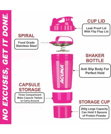 ACUNA Protein Shaker Bottle 600ml - 3 Layer Twist Off Cups - Steel Mixing Ball - Easy Clean Gym Shaker Bottle (Pink) - Buy Online on GoSupps.com