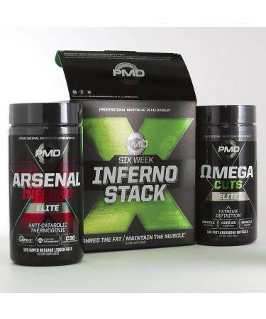 PMD Sports Six Week Inferno Stack - Maximum Strength Fat Burner and CLA Omega Fatty Acid to Lose Fat Fast and Increase Muscle Tone - Arsenal X Inferno/120 Liquid Gels, Omega Cuts Elite/180 Softgels