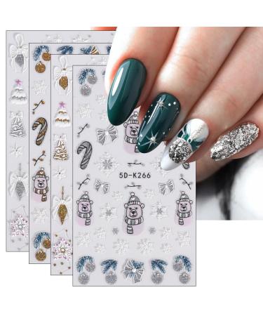 JMEOWIO 3D Embossed Christmas Nail Art Stickers Decals Self-Adhesive 5D Snowman Snowflake Winter Holiday Colorful Nail Supplies Nail Art Design Decoration Accessories 4 Sheets