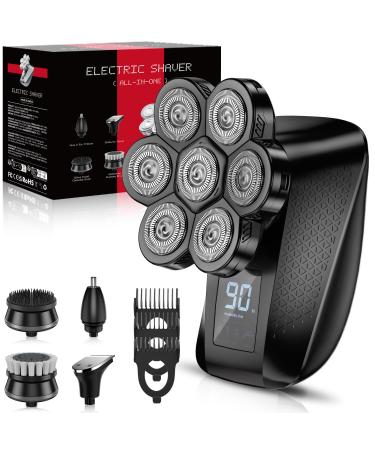 PEACEONE Head Shavers for Bald Men IPX7 Waterproof Shaver 7D Rechargeable Rotary Shaver 5 in 1 Grooming Kit for Men Wet/Dry Shaver Hair Trimmer with LED Display USB Charging Storage Bag Black