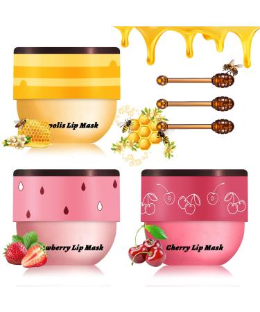 CAHIUYOA 3PCS Bee Lip Balm Honey Pot Honey Lip Balm Strawberry Honey Cherry Lip Sleeping Mask Hydrating Bee Lip Balm with Stick Day & Night Lip Care Products - Strawberry Honey Cherry Strawberry+Honey+Cherry