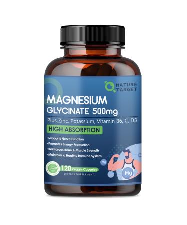 NATURE TARGET Magnesium Glycinate 500mg Chelated Magnesium with Zinc & Vitamin D3 for Muscle Nerve & Bone Support Heart Health & Leg Cramp Strength Immune System - 120 Capsules 120 Count (Pack of 1)