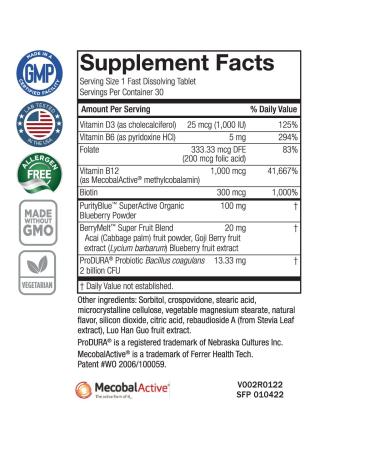 Purity Products Blueberry Probiotic B12 Energy Melt with ProDura Clinical Probiotic - Buy Online on GoSupps.com