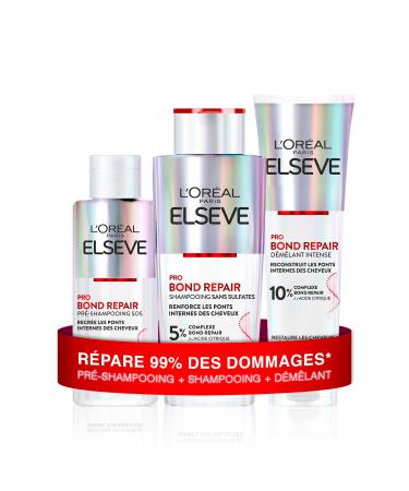 L'Or al Paris - Repairing Hair Routine for Damaged & Over-Stressed Hair - Pre-Shampoo + Shampoo + Conditioner - Citric Acid Complex - Elseve Pro Bond Repair - 3 Products
