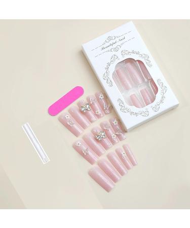 Buy BABALAL Square Press on Nails - Long Pink Glue on 3D Butterfly Flower Charm Acrylic Nails - 24Pcs Glitter Squoval Manicure for Women & Girls - Buy Online on GoSupps.com