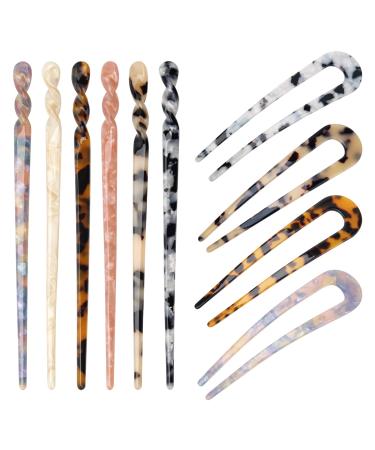 6+4 Acetate Hair Sticks Set Coldairsoap 2 Styles Tortoise Shell Hair Pins U-Shaped Straight Chopsticks 10 Colors Vintage French Hair Forks for Women