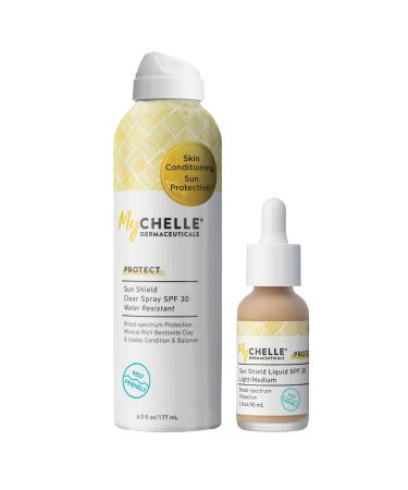 MyChelle Dermaceuticals SPF 30 Sun Shield Spray and Liquid Light/Medium Sunscreen for Face Reef Safe Pack of 2
