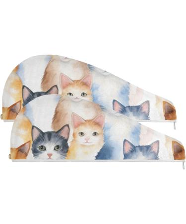 Super Absorbent Watercolor Cats Hair Towel 2 Pack - Quick Dry Hair Turbans with Button Design for Women & Girls - Buy Online on GoSupps.com