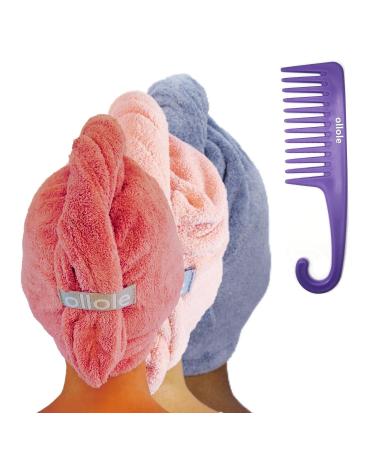 Ollole Microfiber Hair Towels Wraps: 3-pack + Wide Tooth Comb. Prevents Frizz Dries Curly and Long Hair Quickly. Size: 10x29.5. Twist Design Pink Blue Rose. Shower Essentials for Women