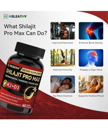 HIILEATHY 2 Pack Shilajit for Men Women Shilajit w/Vitamin D3 K2 Shilajits for Men w/Fulvic Acid Ashwagandha Shilajits for Extra Power Stamina Immune Support Non-GMO Made in US 60 Capsules - Buy Online on GoSupps.com