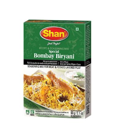 Shan Bombay Biryani Recipe and Seasoning Mix 2.11 oz (60g) - Spice Powder for Meat and Potato Layered Pilaf - Suitable for Vegetarians - Airtight Bag in a Box Bombay Biryani 2.1 Ounce (Pack of 1)