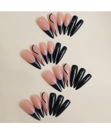 Luxury Black French Tip Press on Nails - Long Stiletto Coffin Fake Nails with Glitter Lines - 24pcs Full Cover Manicure for Women & Girls - Buy Online on GoSupps.com