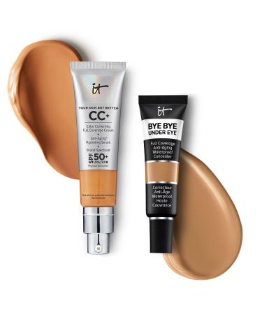 IT Cosmetics CC+ Cream with SPF 50+ Natural Finish Full Coverage Foundation (Tan - 1.08 fl oz) & Bye Bye Undereye Concealer Anti-Aging Makeup (33.5 Tan Natural - 0.4 fl oz)