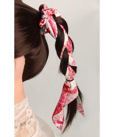 Furling Pompoms Floral Printed Hair Scarf Scrunchies - 5pcs Women's Bow Hair Bands with Long Tail Ponytail Holder - Buy Online on GoSupps.com