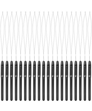20 Pieces Hair Extension Loop Needle Threader Pulling Hook Needle Bead Device Tool for Hair or Feather Extensions Supplies, DIY Hook Tool Black Loop Tools