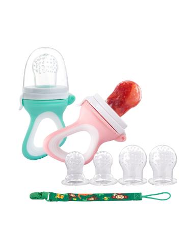 Baby Food Fruit Feeder Pacifier - Relief Teething Silicone Nipple Includes All The Sizes The Silicone Nipple Pouches Feeder Pacifier 6 Different Toy Teether in Appetite Stimulating Pink/Cyan 2Pack