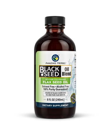 Amazing Herbs Cold-Pressed Black Seed and Flax Seed Oil Blend - Gluten-Free, Non-GMO, High in Omega 3, 6, & 9, Supports Joint, Brain, and Heart Function - 8 Fl Oz