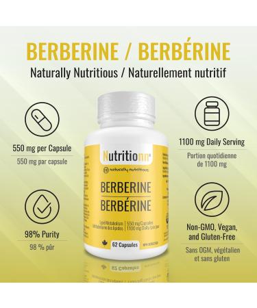 Berberine Supplement - Premium 550 mg Capsules 1100 mg Daily - Lipid Metabolism Heart and Cardiovascular Health for Men and Women - Non-GMO Third-Party Tested Made in Canada - Nutritionn - Buy Online on GoSupps.com
