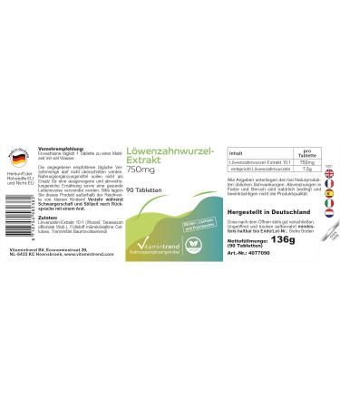 Dandelion Root Extract 750mg - with 750mg Dandelion Root Extract 10:1-90 Tablets - Highly Dosed - Vegan - Bioavailable Supplements from Germany | Vitamintrend - Buy Online on GoSupps.com