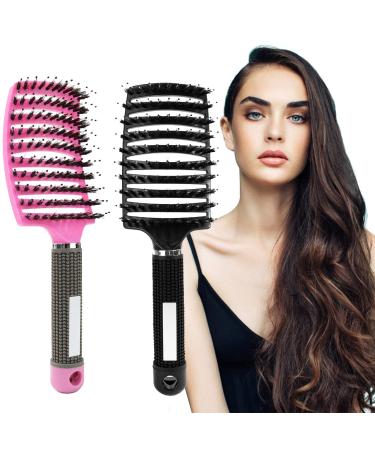2-Piece Wild Boar Bristle Hair Brush Set - Black & Pink Frizz Control Oil Distribution No Snagging Brush - Buy Online on GoSupps.com