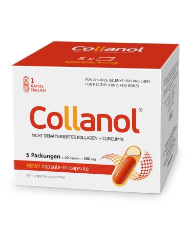 Collanol- Innovation in the care of healthy joints Liquid formula in a double capsule 3D collagen + micell extract of curcuma roots 1 capsule/day.Laboratory test (5 Pack)
