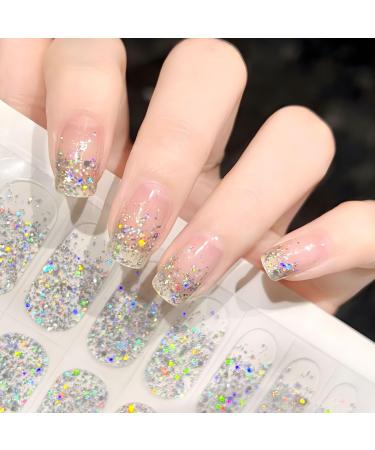 22 pcs Silver Glitter Semi Cured Gel Nail Strips Glitter Nail Gel Polish Wraps Self-Adhesive Nail Full Wraps Nail Strips Nail Tips Nail Wraps Sticker Decals