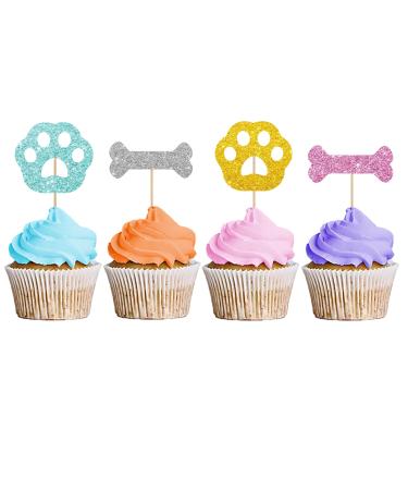 Dog Paw & Bone Cupcake Toppers Puppy Baby Shower Cupcake Toppers Puppy Themed Dessert Picks Baby Girl/Boy Birthday Party Decoration - Pink & Blue Glitter