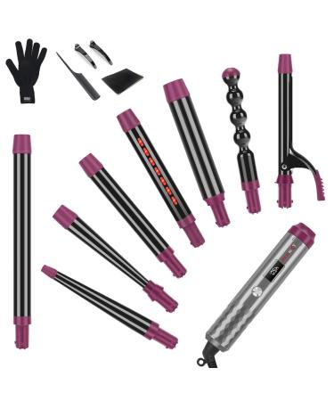 IG INGLAM Curling Iron Wand Set 8 in-1 Interchangeable Ceramic Barrels with Infrared Cucurbit Tapered Extended 1in 1 1/4 in 3/4in Barrels and Clips