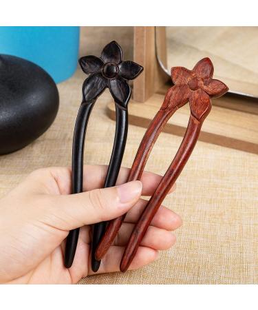 Noverlife 2PCS Handcrafted Ebony Sandalwood French Style U-Shaped Hair Forks with Flower Design - Elegant Updo Chignon Pins for Women and Girls - Buy Online on GoSupps.com