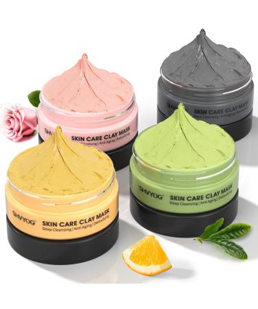 4 Pcs Clay Mask Set, Turmeric Vitamin C Clay Mask , Green Tea Mask, Dead Sea Mud Mask, Rose Clay Mask, Skin Care Face Mask Clay Facial Mask for Deep Cleansing, Moisturizing and Refining Pores (240g in Total)